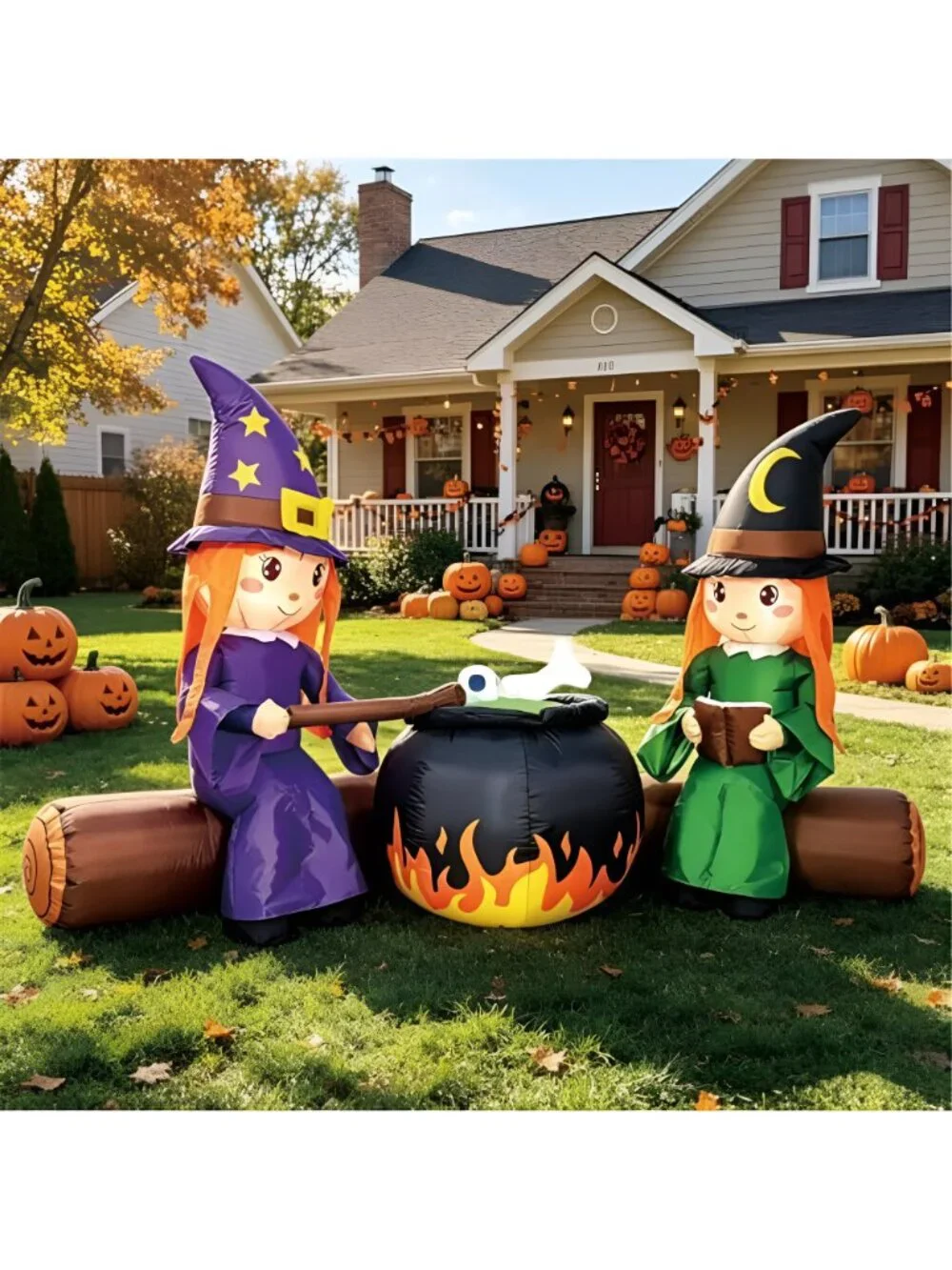 6FT Halloween Inflatable Blow Up Decorations, Cute Witches with Cauldron Over